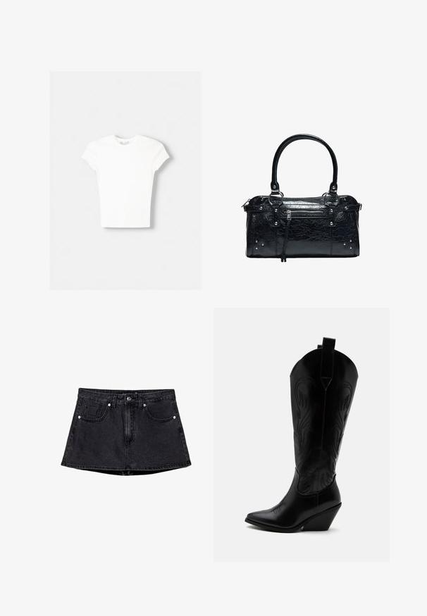 T-shirt blanc à manches courtes en coton doux, avec un col rond et une coupe ajustée. Pas de motifs ni d'ornements visibles.; Jupe en denim noir avec une taille cintrée, un design à cinq poches, une fermeture traditionnelle par bouton et zip, et un ourlet légèrement évasé.; Botte de cowboy en cuir noir avec bout pointu, talon bloc incliné, couture décorative et languettes en haut sur fond blanc.; Sac à main en cuir noir avec deux anses, poche avant zippée avec pampille, et petits clous argentés aux coins.