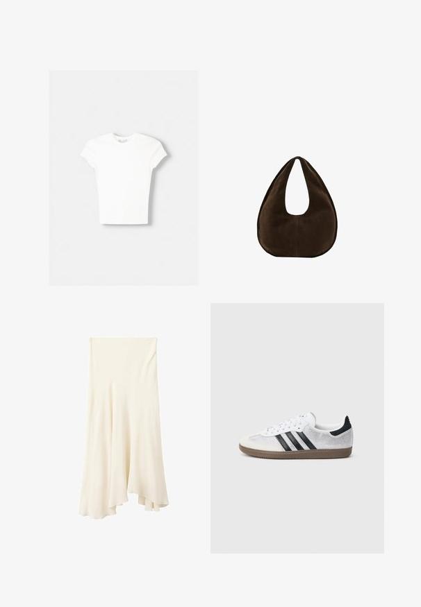 White short-sleeve t-shirt made of soft cotton, featuring a crew neckline and a fitted shape. No visible patterns or embellishments.; Cream-colored flowy midi skirt with an asymmetrical hem and soft fabric drape.; White mesh sneaker with black stripes, beige suede toe cap and heel accent, textured rubber sole, and white laces. Classic low-top design.; Dark brown suede crescent-shaped handbag with a single wide strap and smooth texture on a white background.