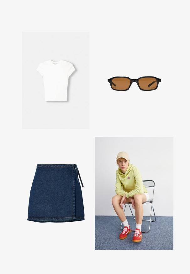 Witte t-shirt met korte mouwen van zachte katoen, met een ronde halslijn en een getailleerde vorm. Geen zichtbare patronen of versieringen.; Denimrok met een wikkelontwerp, donkerblauwe kleur en een gestrikt midden. Bevat stikdetails langs de zoom en de zijnaad.; Lichtgroene hoodie met logo, witte shorts, rode sneakers met witte strepen, zittend op een chroom opvouwstoel tegen een neutrale achtergrond.; Zwarte rechthoekige zonnebril met dikke monturen en bruin getinte glazen, getoond van voren op een witte achtergrond.