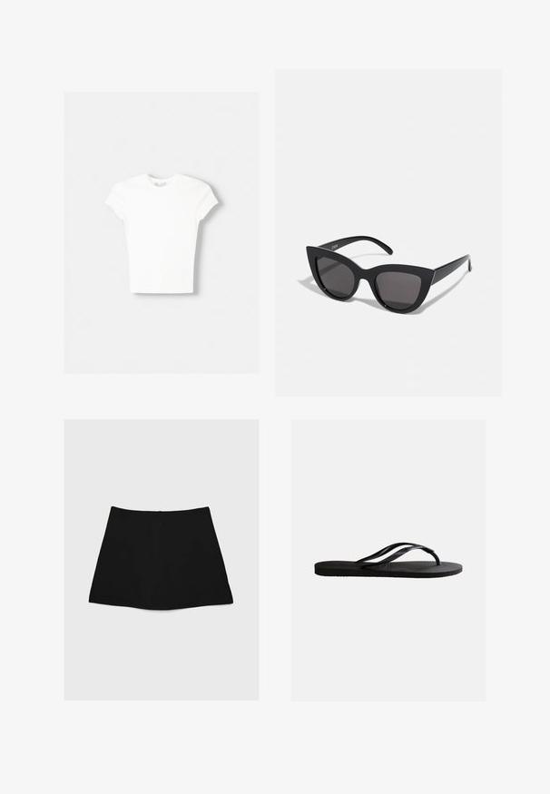T-shirt blanc à manches courtes en coton doux, avec un col rond et une coupe ajustée. Pas de motifs ni d'ornements visibles.; Jupe mini noire avec une texture lisse, en forme de A et à ourlet courbé. Elle possède une fermeture éclair au dos, sans motifs ni accents supplémentaires.; Sandale tong en caoutchouc noir avec semelle texturée et fines brides en Y sur un fond blanc uni.; Lunettes de soleil noires en forme d'œil de chat avec une finition mate, dotées de verres teintés gris, d'angles aigus et de branches élégantes. Nom de la marque visible sur la branche intérieure.