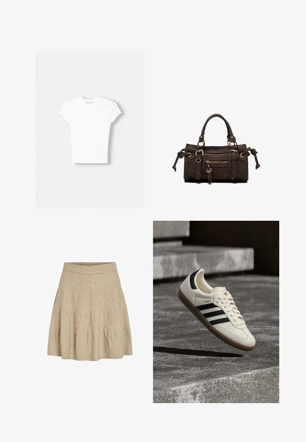 T-shirt blanc à manches courtes en coton doux, avec un col rond et une coupe ajustée. Pas de motifs ni d'ornements visibles.; Une jupe courte beige en tissu doux et texturé, avec une taille côtelée et de légères plis près de l'ourlet.; Baskets blanches Adidas Samba avec des bandes noires et une semelle en gomme, flottant au-dessus de marches en béton gris texturé.; Sac à main en cuir marron foncé avec double poignée, poche avant zippée, boucles décoratives et nœuds latéraux sur fond blanc.