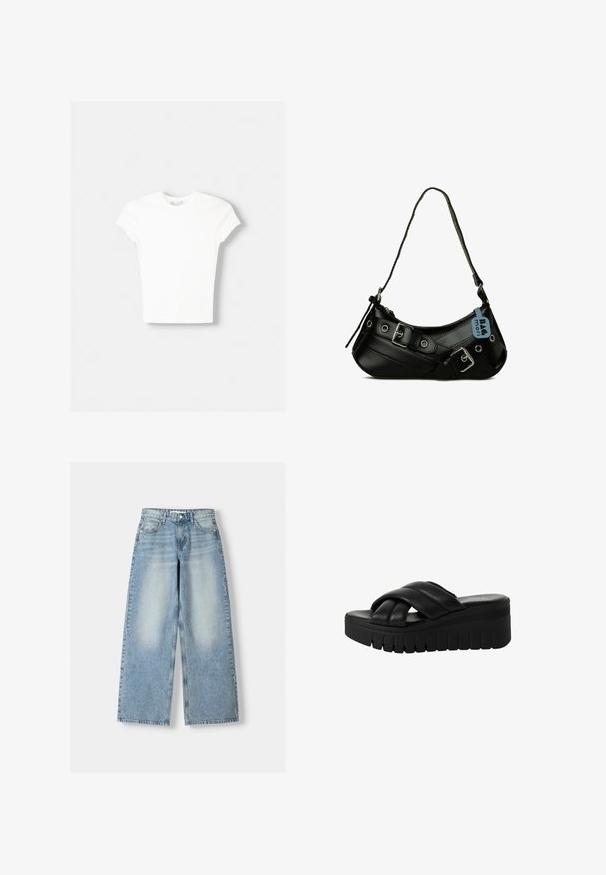 Witte t-shirt met korte mouwen van zachte katoen, met een ronde halslijn en een getailleerde vorm. Geen zichtbare patronen of versieringen.; Lichtblauwe denim wijde jeans met een hoge taille, met een vervaagde afwerking, vijf zakken en een rechte cut.; Zwarte platform sandalen met gekruiste banden van glad leer, voorzien van een dikke, gestructureerde zool en een licht afgeronde teen.; Zwarte synthetische handtas met een gebogen vorm, verstelbare schouderriem en decoratieve metalen gespen. Heeft een gladde, glanzende textuur.