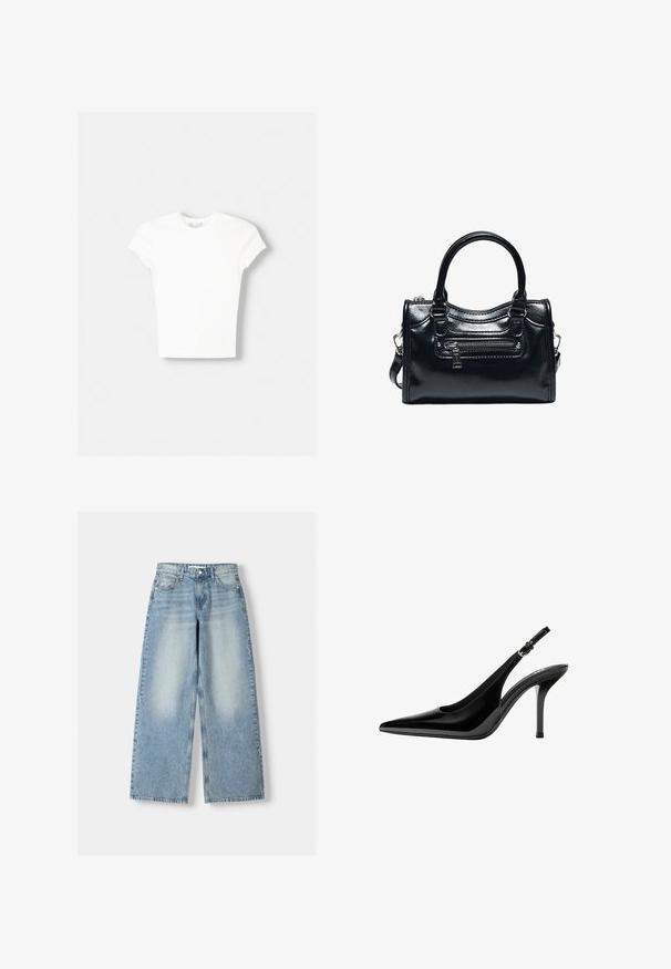 T-shirt blanc à manches courtes en coton doux, avec un col rond et une coupe ajustée. Pas de motifs ni d'ornements visibles.; Jean large en denim bleu clair à taille haute, avec une finition délavée, cinq poches et une coupe droite.; Chaussure à talon haut à bride arrière en cuir verni noir avec bout pointu et bride ajustable à boucle sur fond blanc.; Sac à main en cuir noir brillant avec deux poignées, poche avant zippée et bandoulière amovible sur fond blanc.