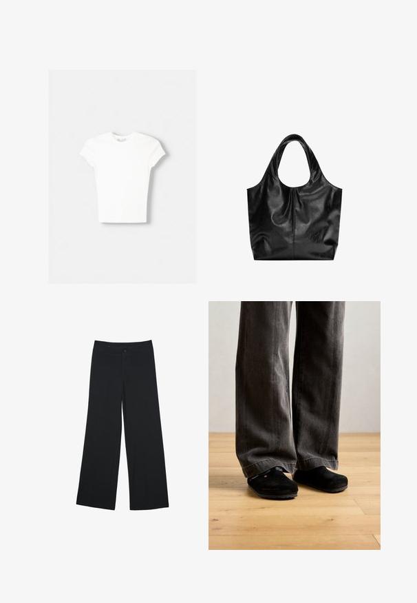 T-shirt blanc à manches courtes en coton doux, avec un col rond et une coupe ajustée. Pas de motifs ni d'ornements visibles.; Pantalons larges en tissu noir, avec des poches avant et une fermeture à bouton. Texture lisse, coupe ajustée et design à longueur complète.; Une personne portant un pantalon gris foncé ample et des chaussures noires sans lacets se tient sur un sol en bois clair contre un mur uni.; Sac fourre-tout en cuir noir avec une texture lisse, un haut arrondi doux et de larges poignées. Présente une couture minimale et une silhouette décontractée.