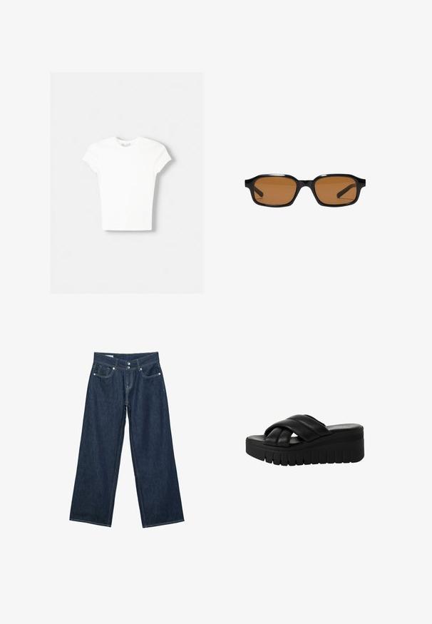 T-shirt blanc à manches courtes en coton doux, avec un col rond et une coupe ajustée. Pas de motifs ni d'ornements visibles.; Jeans en denim bleu foncé à jambes larges avec fermeture à double bouton, poches avant et surpiqûres contrastantes sur fond blanc.; Sandales plateformes noires avec des lanières croisées en cuir lisse, présentant une semelle épaisse et texturée et un bout légèrement arrondi.; Lunettes de soleil rectangulaires noires avec des montures épaisses et des verres teintés marron, vues de face sur un fond blanc.
