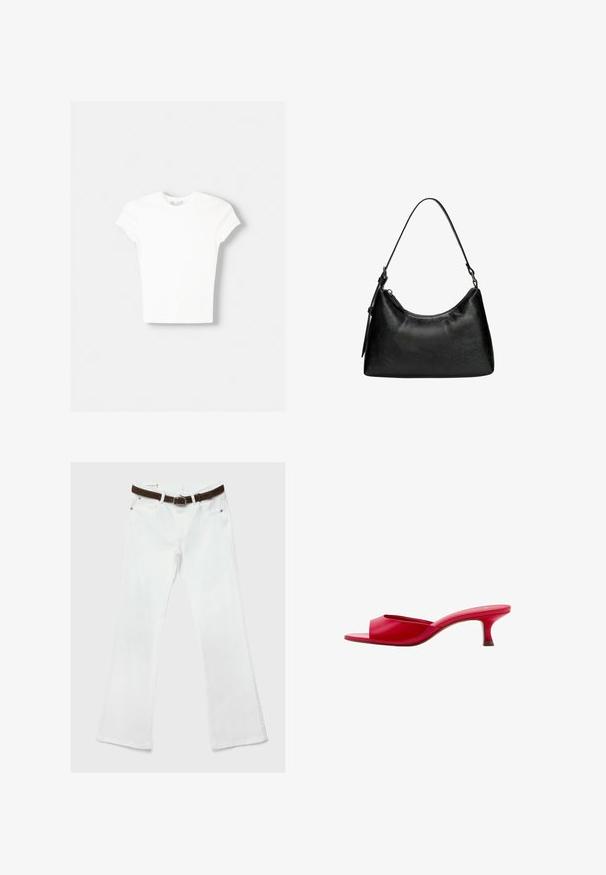 T-shirt blanc à manches courtes en coton doux, avec un col rond et une coupe ajustée. Pas de motifs ni d'ornements visibles.; Jean blanc évasé avec poches avant, rivets argentés, braguette à boutons et ceinture en cuir marron foncé passant dans les passants de ceinture.; Mule rouge à bout ouvert avec un petit talon kitten bas et une finition lisse, présentée de côté sur fond blanc.; Sac à main noir en simili cuir avec une forme incurvée, poignée courte, fermeture éclair et un motif texturé subtil sur la surface.