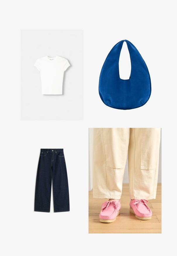 T-shirt blanc à manches courtes en coton doux, avec un col rond et une coupe ajustée. Pas de motifs ni d'ornements visibles.; Jean denim bleu foncé à jambes larges avec poches avant, fermeture par bouton et couture visible sur fond blanc.; Chaussures en suède rose de style mocassin avec lacets, présentant une surface texturée et une semelle en caoutchouc beige clair, associées à un pantalon beige.; Sac hobo en tissu bleu doux avec une forme arrondie en croissant et une large ouverture pour la poignée au centre supérieur.