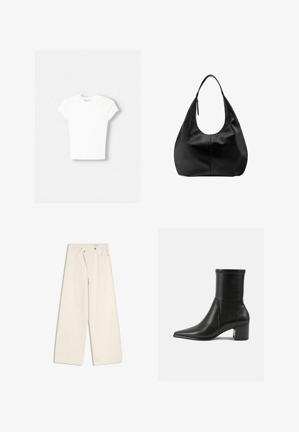 Witte t-shirt met korte mouwen van zachte katoen, met een ronde halslijn en een getailleerde vorm. Geen zichtbare patronen of versieringen.; Off-white wijde broek met steekzakken aan de voorkant, lussen voor een riem en zilveren knopen op de tailleband en de randen van de zakken.; Zwarte enkelboot van soepel leer, met een spitse neus, een blokhak en duidelijke verhoogde stiksels aan de bovenrand.; Zwarte leren slouchy hobo-handtas met een enkele brede band en een rits-trekker detail op een effen witte achtergrond.