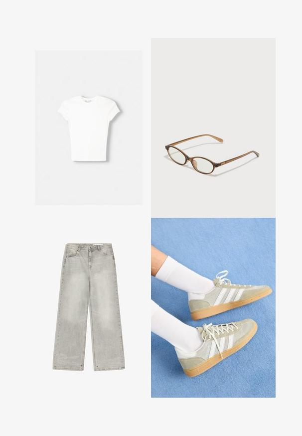 Hvid kortærmet t-shirt lavet af blød bomuld, med rund halsudskæring og en tætsiddende form. Ingen synlige mønstre eller udsmykninger.; Grå denim jeans med brede ben har en falmet finish, fem lommer og metalhardware. Stoffet har en blød tekstur med en ren kant.; Lys grå ruskinds sneakers med hvide gummidetaljer, der har tre hvide striber og en gummisål, båret med hvide sokker på en blå baggrund.; Brune skildpaddemønstrede briller med ovale linser, tynde arme og gennemsigtige accenter. Har et diskret logo på stangen. Slankt, let design.