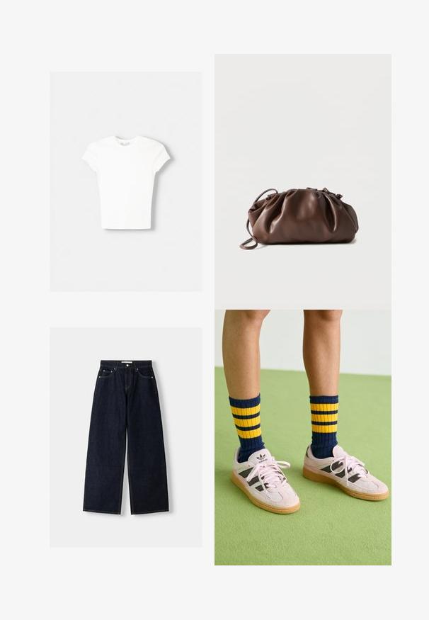 Witte t-shirt met korte mouwen van zachte katoen, met een ronde halslijn en een getailleerde vorm. Geen zichtbare patronen of versieringen.; Donkerblauwe denim wijduitlopende jeans met een hoge taille, vijf zakken, contrasterende stiksels en zilveren metalen hardware. Gladde textuur en een nette afwerking.; Lichtroze suède sneakers met zwarte strepen en rubberen gummizolen, gecombineerd met marineblauwe en gele gestreepte rib sokken. Groene gestructureerde vloer.; Zachte bruine leren tas met samengevouwen bovenkant en smalle riem, liggend op een witte achtergrond.