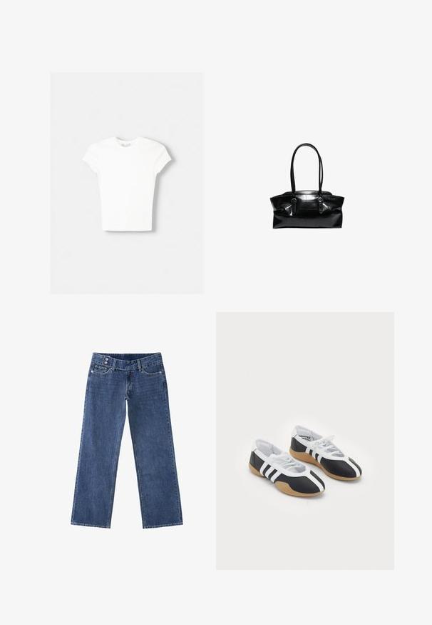 Hvid kortærmet t-shirt lavet af blød bomuld, med rund halsudskæring og en tætsiddende form. Ingen synlige mønstre eller udsmykninger.; Blå straight-leg denimjeans med dobbelt knaplukning, forlommer og bæltestropper.; Sort-hvide sportsko med et slankt design, gummisål, snørebåndslukning og tre hvide striber på siden.; Sort læderhåndtaske med to lange håndtag og spænde detaljer, med et struktureret gittermønster på overfladen.