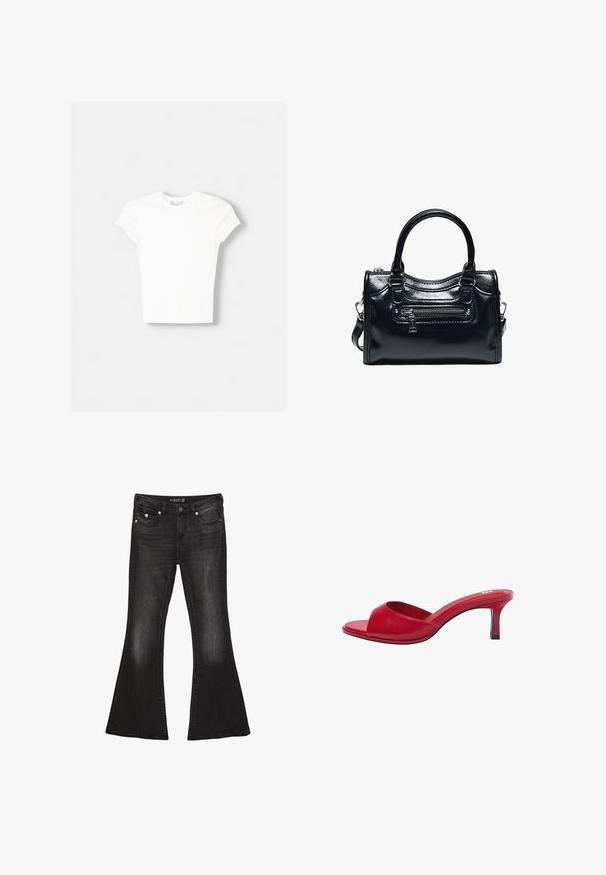 T-shirt blanc à manches courtes en coton doux, avec un col rond et une coupe ajustée. Pas de motifs ni d'ornements visibles.; Jean évasé noir en denim avec une taille mi-haute, comportant cinq poches, des coutures contrastantes et des accents en matériel argenté.; Mule en cuir rouge à bout ouvert avec un talon bas incurvé et une large bride à l'avant pour un look élégant et stylé.; Sac à main en cuir noir brillant avec deux poignées, poche avant zippée et bandoulière amovible sur fond blanc.