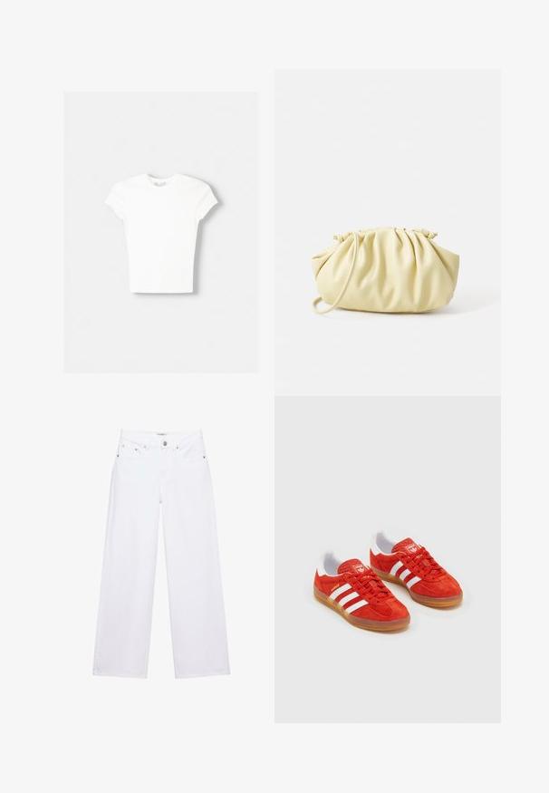Witte t-shirt met korte mouwen van zachte katoen, met een ronde halslijn en een getailleerde vorm. Geen zichtbare patronen of versieringen.; Witte jeans met hoge taille en wijde pijpen, voorzien van knoop- en ritssluiting, voor- en achterzakken, en zilverkleurige klinknageldetails.; Rode suède sneakers met witte strepen, rubberen gumzool, gewatteerde kraag en logo op de tong. Klassiek ontwerp met textuur op de bovenkant.; Geel geplooide handtas van soepel nepleer, met een zachte vorm, een enkele schouderriem en een verzameld ontwerp aan de bovenkant.