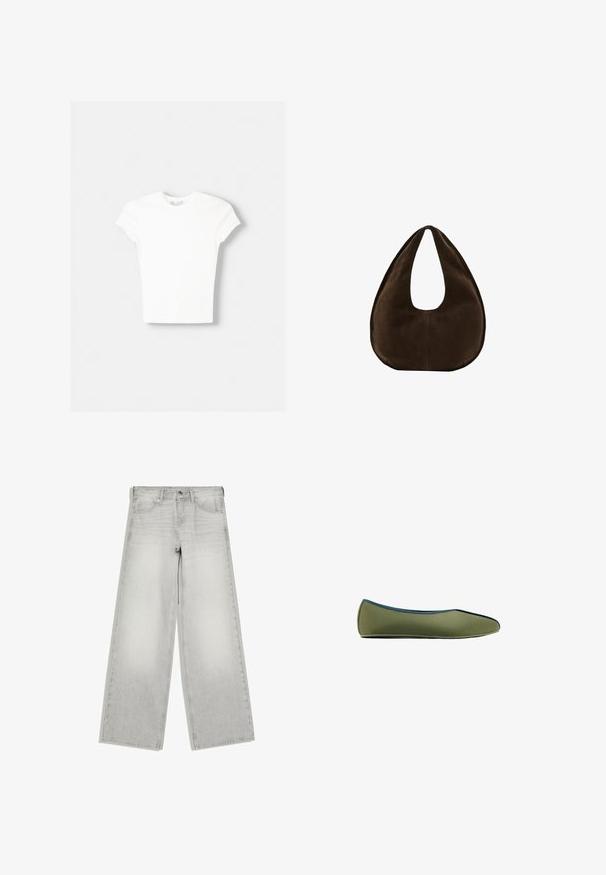 T-shirt blanc à manches courtes en coton doux, avec un col rond et une coupe ajustée. Pas de motifs ni d'ornements visibles.; Jean gris clair à jambes larges avec fermeture par bouton et zip, poches avant, et passants de ceinture, présenté à plat sur fond blanc.; Chaussure plate olive verte à enfiler avec un bout pointu et un liseré bleu contrastant le long du bord supérieur, vue de côté.; Sac à main en daim marron foncé en forme de croissant avec une seule sangle large et une texture lisse sur fond blanc.