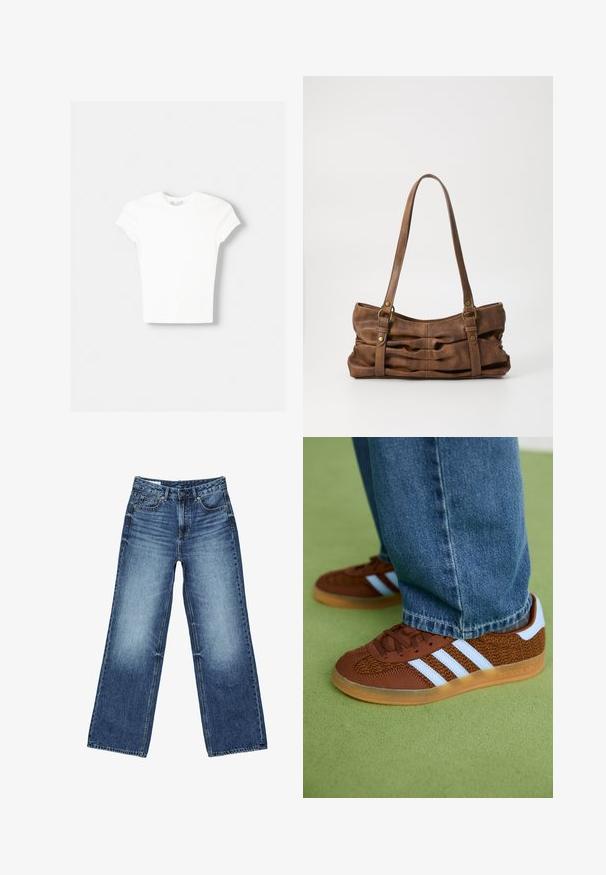 Weißes kurzärmliges T-Shirt aus weicher Baumwolle, mit Rundhalsausschnitt und figurbetonter Form. Keine sichtbaren Muster oder Verzierungen.; Blaue Denim-Jeans mit verwaschener Optik auf den Oberschenkeln, geradem, weitem Bein, vorderer Knopfleiste, Reißverschluss und Fünf-Taschen-Stil.; Braune Adidas-Sneaker mit weißen Streifen und Gummisohlen, getragen mit blauen Jeans auf grünem Teppich.; Even&Odd by Zalando Handtasche - brown