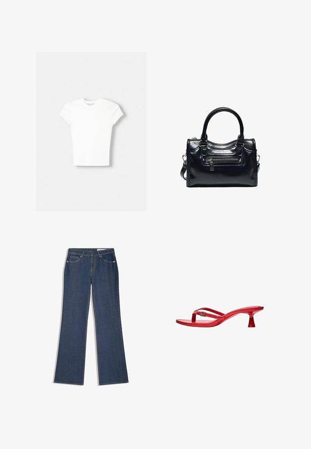 T-shirt blanc à manches courtes en coton doux, avec un col rond et une coupe ajustée. Pas de motifs ni d'ornements visibles.; Jean droit en denim bleu avec poches avant, passants pour ceinture et fermeture par bouton, posé à plat sur un fond blanc.; Bershka THAONG KITTEN HEEL - SANDALS - Sandales tongs - red; Sac à main en cuir noir brillant avec deux poignées, poche avant zippée et bandoulière amovible sur fond blanc.