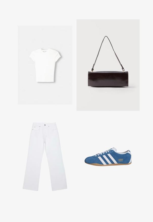 Witte t-shirt met korte mouwen van zachte katoen, met een ronde halslijn en een getailleerde vorm. Geen zichtbare patronen of versieringen.; Witte jeans met rechte pijpen, vijf zakken, riemlussen en een vooraan met knoop- en ritssluiting, plat neergelegd op een witte achtergrond.; Blauwe suède sneakers met witte leren strepen, met een ronde neus, gumrubberen zool en gouden "adidas TOKYO" branding aan de zijkant.; Rechthoekige zwarte leren handtas met een enkele lange schouderband en een glanzende afwerking, weergegeven tegen een effen witte achtergrond.