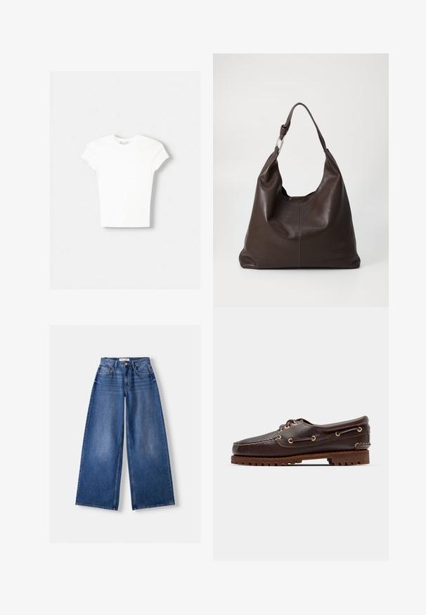 T-shirt blanc à manches courtes en coton doux, avec un col rond et une coupe ajustée. Pas de motifs ni d'ornements visibles.; Jeans en denim bleu à jambes larges avec poches avant, passants de ceinture et fermeture par bouton, posés à plat sur un fond clair.; Bateau en cuir marron avec des œillets dorés, des lacets ronds et une semelle en caoutchouc marron texturée. Présente des détails de couture et un logo en relief.; Zign by Zalando LEATHER - Cabas - chocolate brown