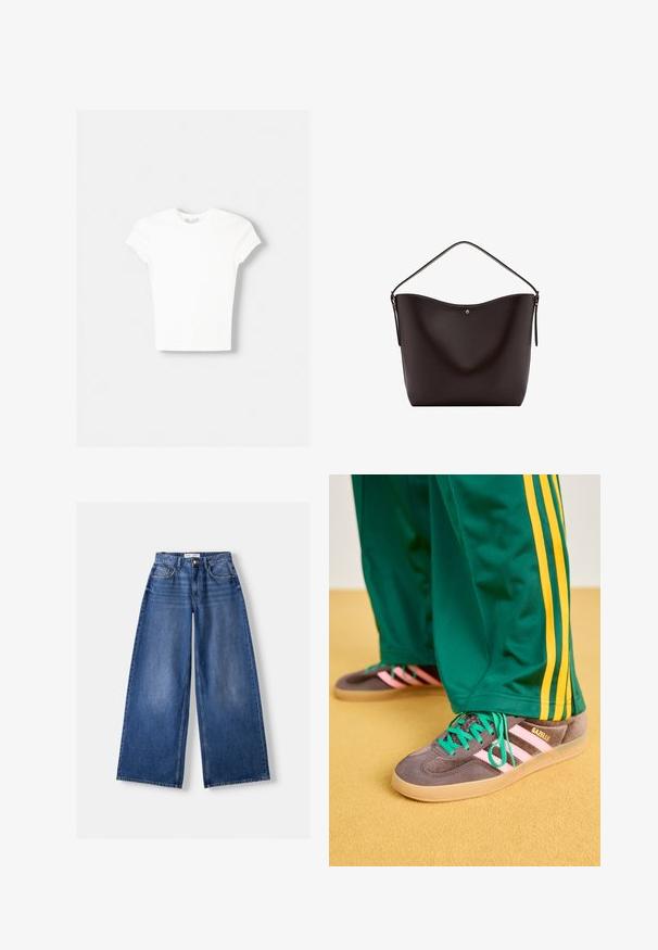 Weißes kurzärmliges T-Shirt aus weicher Baumwolle, mit Rundhalsausschnitt und figurbetonter Form. Keine sichtbaren Muster oder Verzierungen.; Weit geschnittene blaue Denim-Jeans mit Vordertaschen, Gürtelschlaufen und Knopfverschluss, flach auf hellem Hintergrund liegend.; Grüne Jogginghosen mit gelben Streifen, kombiniert mit grauen Adidas Gazelle Sneakern mit pinken Streifen und grünen Schnürsenkeln auf einem gelben Boden.; Dunkelbraune Leder-Umhängetasche mit einem einzelnen Riemen und einem kleinen goldenen Knopfdetail in der Mitte vorne.