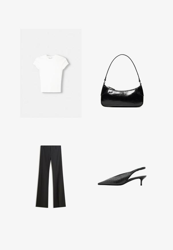 T-shirt blanc à manches courtes en coton doux, avec un col rond et une coupe ajustée. Pas de motifs ni d'ornements visibles.; Pantalon noir évasé avec une texture lisse, doté d'une coupe ajustée et d'une taille cintrée. Aucun motif ou ornement visible.; Escarpin slingback noir à bout pointu avec petit talon kitten bas et ornements en clous argentés recouvrant la tige.; Sac à épaule en cuir noir brillant avec un seul compartiment zippé et une fine bandoulière arquée.