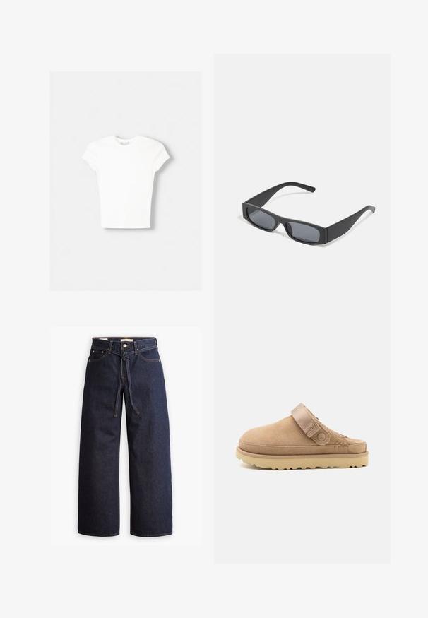Witte t-shirt met korte mouwen van zachte katoen, met een ronde halslijn en een getailleerde vorm. Geen zichtbare patronen of versieringen.; Wijd pijpjes donkerblauwe denim jeans met een hoge taille, voorzien van een trekkoord, vijf zakken en contrasterende stiksels.; Beige suède instapklomp met een gestructureerde bovenzijde, verstelbare band en een stevige rubberen zool met een grof patroon voor grip.; Zwarte rechthoekige zonnebril met donkere lenzen en dikke matte monturen. De zijstukken zijn licht taps toelopend met een gladde textuur.