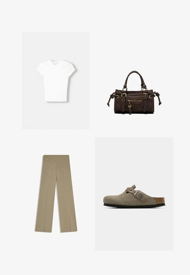 T-shirt blanc à manches courtes en coton doux, avec un col rond et une coupe ajustée. Pas de motifs ni d'ornements visibles.; Pantalon beige à jambes larges avec fines rayures verticales discrètes et une taille haute, posé à plat sur un fond blanc.; Sabots en velours côtelé vert olive clair avec une semelle en liège et en caoutchouc moulée. Dispose d'une sangle latérale avec une boucle en métal et d'un bout arrondi.; Sac à main en cuir marron foncé avec double poignée, poche avant zippée, boucles décoratives et nœuds latéraux sur fond blanc.