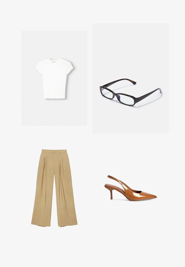 Witte t-shirt met korte mouwen van zachte katoen, met een ronde halslijn en een getailleerde vorm. Geen zichtbare patronen of versieringen.; Beige broek met wijde pijpen, voorplooien, riemlussen en een rits, gemaakt van lichtgewicht stof.; Bruine gepatineerde leren slingback hak met een spitse neus en een 5 cm hoge stilettohak. Kenmerkt zich door een strak ontwerp en een gladde, glanzende afwerking.; Rechthoekige bril met een schildpadpatroon, zwart kunststof montuur en transparante glazen. Voorzien van dunne pootjes en een lichte buiging aan de uiteinden.