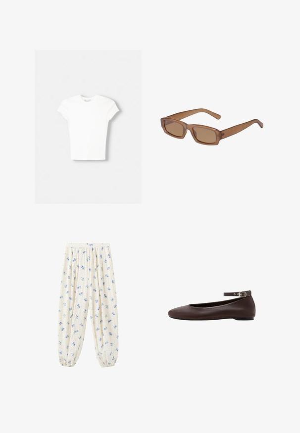 T-shirt blanc à manches courtes en coton doux, avec un col rond et une coupe ajustée. Pas de motifs ni d'ornements visibles.; Pantalon ample couleur crème avec motif floral bleu, froncé à la taille et avec des poignets élastiques aux chevilles.; Chaussure plate marron foncé avec bout arrondi et bride de cheville réglable avec boucle argentée sur fond blanc.; Lunettes de soleil brunes, rectangulaires, avec une monture transparente, des branches fines et des verres teintés, offrant une texture lisse et un design moderne.