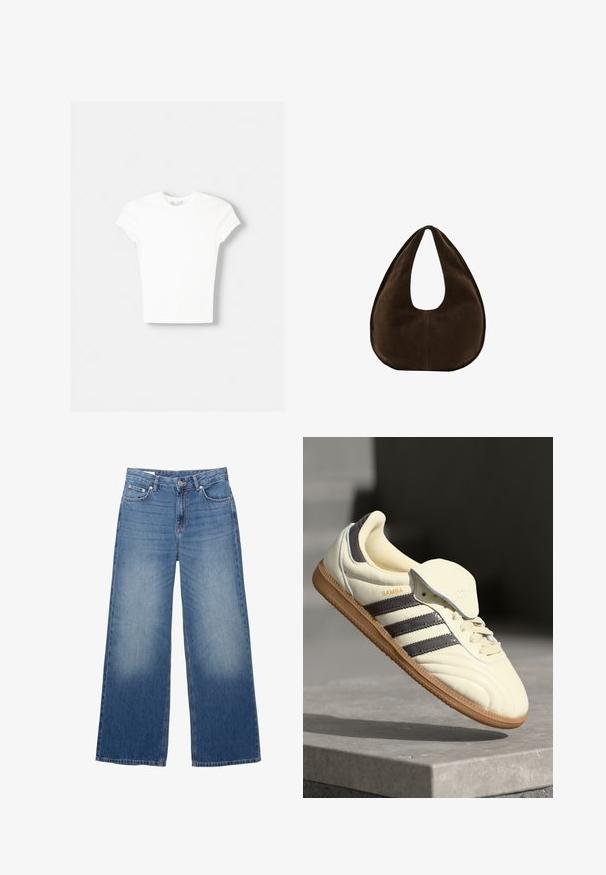 Weißes kurzärmliges T-Shirt aus weicher Baumwolle, mit Rundhalsausschnitt und figurbetonter Form. Keine sichtbaren Muster oder Verzierungen.; Blaue Jeans im Weitbein-Stil aus Denim mit vorderem Knopf und Reißverschluss, ausgestattet mit Front- und Gesäßtaschen sowie leichter Verwaschung an den Oberschenkeln.; Cremfarbene Ledersneaker mit drei dunklen Streifen, einer braunen Gummisohle und einer abgerundeten Zehenpartie. Hat eine faltbare Zunge, die mit "SAMBA" beschriftet ist.; Dunkelbraune Wildleder-Handtasche in Halbmondform mit einem breiten Riemen und glatter Textur vor weißem Hintergrund.