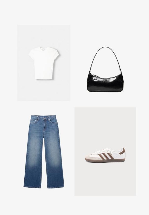 Hvid kortærmet t-shirt lavet af blød bomuld, med rund halsudskæring og en tætsiddende form. Ingen synlige mønstre eller udsmykninger.; Blå brede jeans i denim med knap og lynlås foran, der har lommer foran og bagpå samt let falming på lårene.; Hvid Adidas Samba sneaker med brune ruskindstriber, brun gummisål og beige ruskindståhætte, vist fra ydersiden på en ensfarvet baggrund.; Sort, blank skuldertaske i læder med et enkelt rum med lynlås og en tynd rem buet i en bueform.