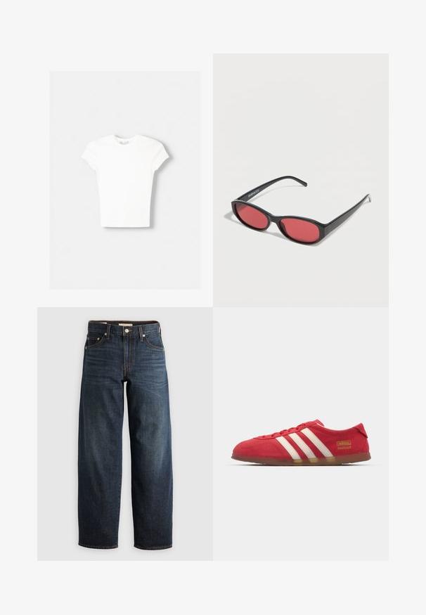 Weißes kurzärmliges T-Shirt aus weicher Baumwolle, mit Rundhalsausschnitt und figurbetonter Form. Keine sichtbaren Muster oder Verzierungen.; Dunkelblaue Jeans aus Denim mit einem geraden Bein-Design, Fünf-Taschen-Stil und Steppnähten sowie einem Knopfverschluss.; Rote Wildledersneaker mit weißem Drei-Streifen-Design, flacher Außensohle und goldenen Logodetails. Niedrig geschnittenes Design mit runder Zehenpartie und Schnürverschluss.; Schwarze ovale Sonnenbrille mit schlanken Bügeln und rot getönten Gläsern, die auf einer weißen Oberfläche liegt.