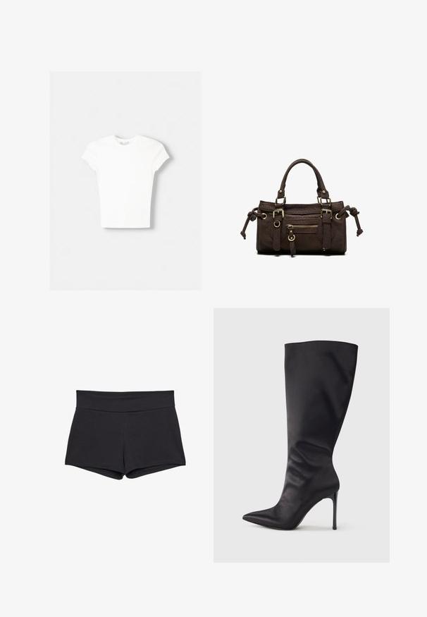 T-shirt blanc à manches courtes en coton doux, avec un col rond et une coupe ajustée. Pas de motifs ni d'ornements visibles.; Shorts noirs ajustés avec une large ceinture, fabriqués dans un tissu doux et extensible. Les ourlets sont lisses sans fermetures ni motifs visibles.; Botte noire haute jusqu'aux genoux en cuir verni lisse et élégant ; bout pointu ; ajustée avec un léger froncé près de la cheville ; talon brillant.; Sac à main en cuir marron foncé avec double poignée, poche avant zippée, boucles décoratives et nœuds latéraux sur fond blanc.