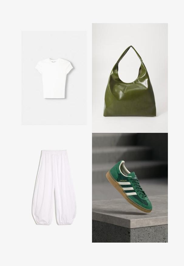 T-shirt blanc à manches courtes en coton doux, avec un col rond et une coupe ajustée. Pas de motifs ni d'ornements visibles.; Pantalon blanc ample avec taille élastique et poignets élastiqués, fabriqué en tissu léger.; Baskets Adidas Spezial vertes avec des rayures blanches et une semelle gomme flottant au-dessus d'une surface en béton avec un escalier flou en arrière-plan.; Sac hobo en cuir vert au design décontracté, avec une poignée incurvée et une texture lisse. Ne contient aucun matériel ou accent visible.