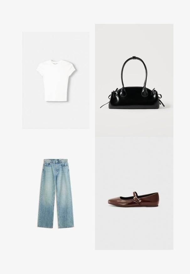 T-shirt blanc à manches courtes en coton doux, avec un col rond et une coupe ajustée. Pas de motifs ni d'ornements visibles.; Jean denim bleu clair avec une coupe évasée, taille mi-haute, style à cinq poches, coutures contrastantes et décoloration minimale pour un look classique.; Ballerine en cuir verni marron avec un bout carré et une lanière ornée d'une petite boucle dorée. Texture lisse, talon bas et design minimaliste.; Petit sac à main noir brillant avec deux longues anses et des détails à cordon sur les côtés sur un fond clair uni.