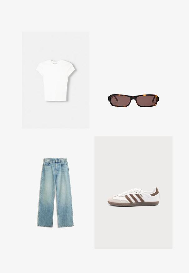 Witte t-shirt met korte mouwen van zachte katoen, met een ronde halslijn en een getailleerde vorm. Geen zichtbare patronen of versieringen.; Lichtblauwe denimjeans met een wijde pijp, middelhoge taille, vijf zakken, contrasterende stiknaad en minimale vervaging voor een klassieke uitstraling.; Witte Adidas Samba sneaker met bruine suède strepen, bruine rubberen zool en beige suède neuskap, getoond vanaf de buitenkant op een effen achtergrond.; Rechthoekige schildpadzonnebril met donkerbruine glazen en slanke pootjes, afgebeeld tegen een witte achtergrond.