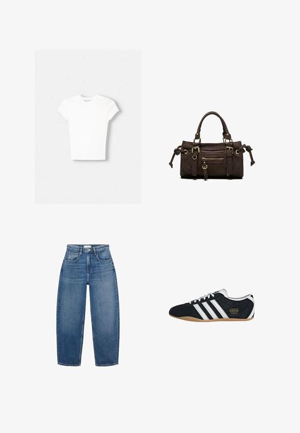 Witte t-shirt met korte mouwen van zachte katoen, met een ronde halslijn en een getailleerde vorm. Geen zichtbare patronen of versieringen.; Hoge taille blauwe denim jeans met een rechte pijp, voorzien van vijf zakken, riemlussen en subtiele vervaging voor extra textuur.; Zwarte suède sneaker met witte drie strepen, gouden logo en een bruine rubberen zool. Heeft een laag profiel vetersluiting ontwerp.; Donkerbruine leren handtas met dubbele handvatten, voorvak met ritssluiting, decoratieve gespen en zijknopen op een witte achtergrond.