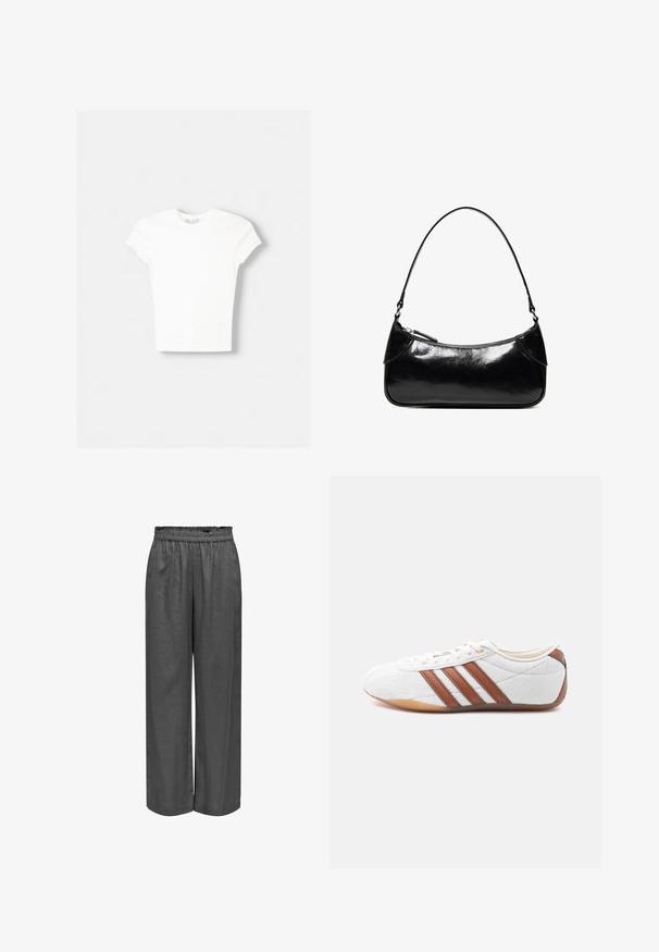 T-shirt blanc à manches courtes en coton doux, avec un col rond et une coupe ajustée. Pas de motifs ni d'ornements visibles.; Pantalons gris à jambe large en tissu doux avec une taille élastique. Présente une coupe ample et une texture lisse.; Baskets blanches basses avec des bandes en cuir marron, fermeture à lacets et semelle en caoutchouc gomme, vues de l'intérieur sur fond blanc.; Sac à épaule en cuir noir brillant avec un seul compartiment zippé et une fine bandoulière arquée.