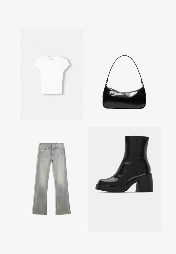 T-shirt blanc à manches courtes en coton doux, avec un col rond et une coupe ajustée. Pas de motifs ni d'ornements visibles.; Jeans flare en denim gris avec une finition délavée, dotés d'une fermeture à bouton, de cinq poches et de coutures le long de la taille et de l'ourlet.; Bottines noires à finition brillante, bout carré et épais talon bloc. Le design présente une silhouette homogène et un branding minimal.; Sac à épaule en cuir noir brillant avec un seul compartiment zippé et une fine bandoulière arquée.