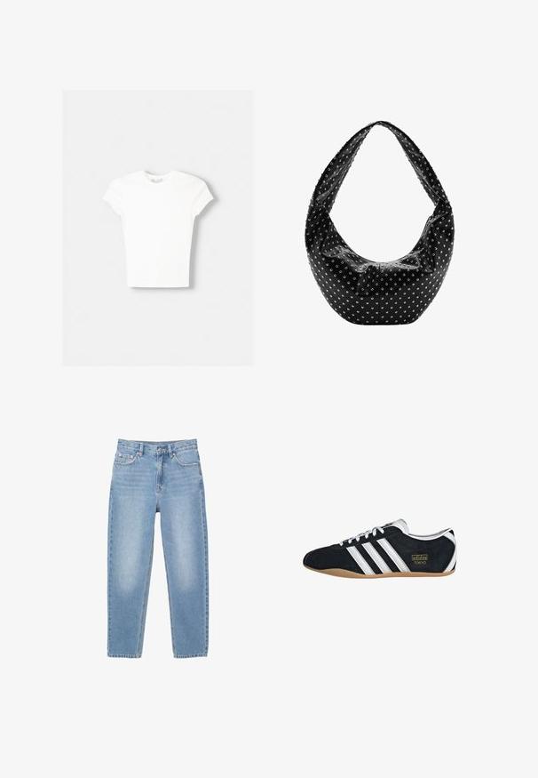 Witte t-shirt met korte mouwen van zachte katoen, met een ronde halslijn en een getailleerde vorm. Geen zichtbare patronen of versieringen.; Lichtblauwe denim jeans met een hoge taille, voorste knoop, rits en een ontwerp met vijf zakken, plat getoond op een witte achtergrond.; Zwarte suède sneaker met witte drie strepen, gouden logo en een bruine rubberen zool. Heeft een laag profiel vetersluiting ontwerp.; Zwarte leren handtas met een nonchalante vorm, versierd met zilveren studs en een brede schouderband. Gladde textuur met een geplooid ontwerp.