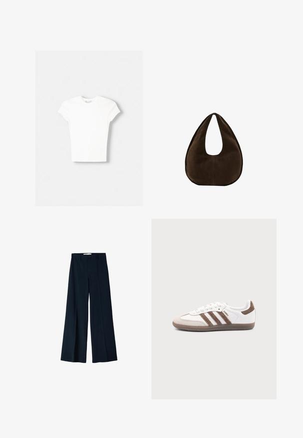 T-shirt blanc à manches courtes en coton doux, avec un col rond et une coupe ajustée. Pas de motifs ni d'ornements visibles.; Pantalons larges navy en tissu lisse, dotés de deux plis avant et d'une fermeture à un bouton à la taille.; Baskets Adidas Samba blanches avec des bandes en daim marron, semelle en caoutchouc marron et bout en daim beige, vues du côté extérieur sur un fond uni.; Sac à main en daim marron foncé en forme de croissant avec une seule sangle large et une texture lisse sur fond blanc.