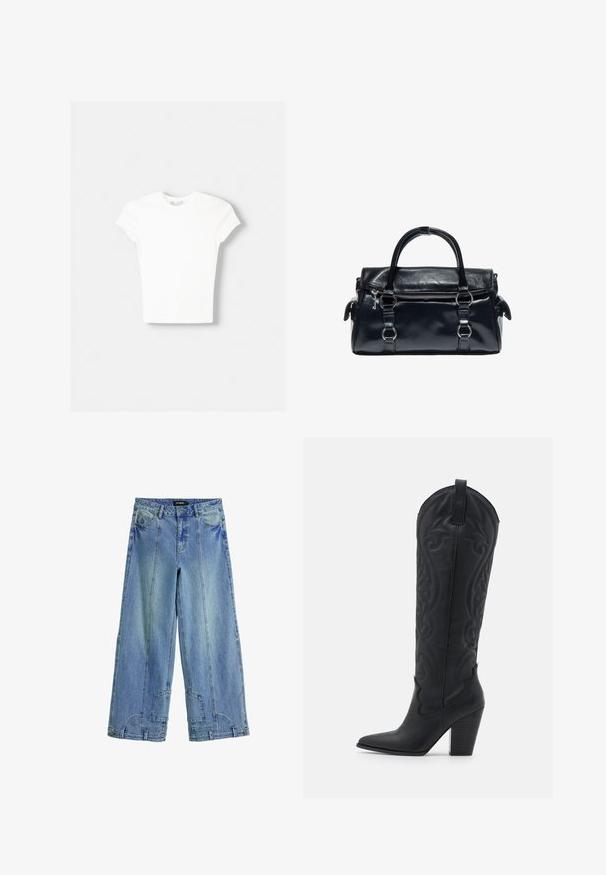 Hvid kortærmet t-shirt lavet af blød bomuld, med rund halsudskæring og en tætsiddende form. Ingen synlige mønstre eller udsmykninger.; Lysblå, brede jeans i denim med høj talje, markante syninger og lappe-lignende detaljer på baglommerne.; Zign by Zalando LEATHER - Cowboy- / bikerstøvler - black; Sort læderhåndtaske med to håndtag, frontlynlåslomme og sølvfarvede metaldetaljer på hvid baggrund.