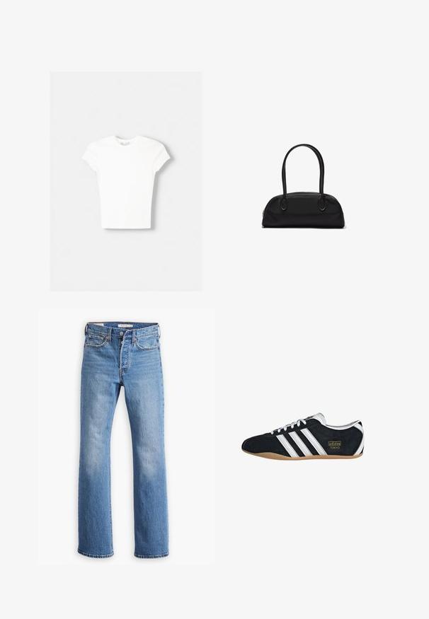 Hvid kortærmet t-shirt lavet af blød bomuld, med rund halsudskæring og en tætsiddende form. Ingen synlige mønstre eller udsmykninger.; Blå denim jeans med et straight leg design har høj talje, klassisk fem-lomme stil og tydelig forvitring på lårene.; Sort ruskinds sneaker med hvide tre striber, guldlogo og en brun gummisål. Har et lavprofil snørebåndsdesign.; Sort læderhåndtaske med lange, runde håndtag og en buet, rektangulær form, der har en lynlåslukning øverst.