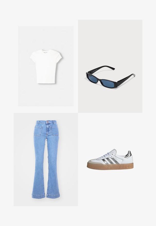 T-shirt blanc à manches courtes en coton doux, avec un col rond et une coupe ajustée. Pas de motifs ni d'ornements visibles.; Jean en denim bleu clair taille haute avec poches plaquées devant et jambes évasées sur fond blanc uni.; Baskets blanches avec trois rayures argentées, une semelle en caoutchouc beige et un dessus en tissu texturé blanc avec un bout rond et un système de fermeture à lacets.; Lunettes de soleil noires avec une monture rectangulaire élégante et des verres bleus. Présente une texture lisse et des branches robustes. Logo de la marque sur le côté.