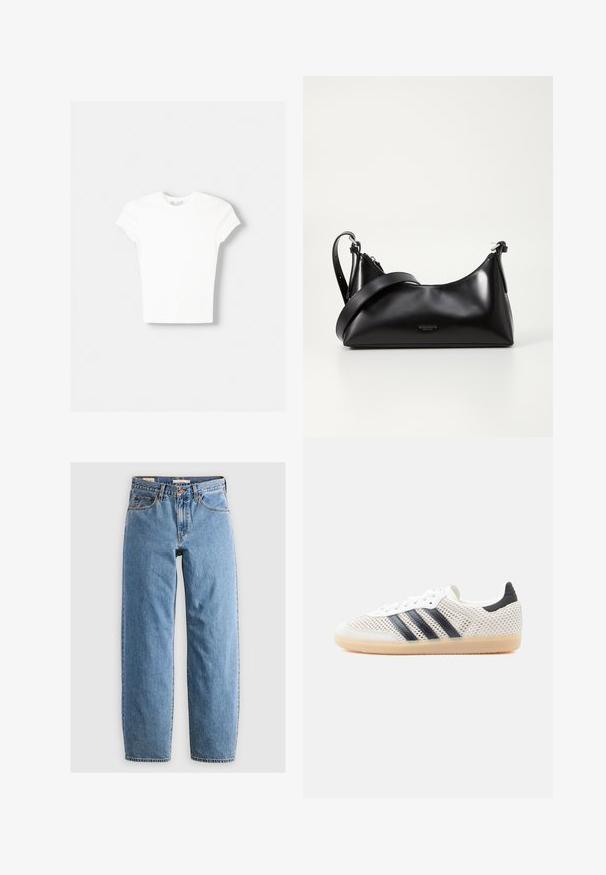Hvid kortærmet t-shirt lavet af blød bomuld, med rund halsudskæring og en tætsiddende form. Ingen synlige mønstre eller udsmykninger.; Lysblå denim jeans med lige ben-design, fem lommer, lynlås og en subtil falmet tekstur. Klassisk stil med minimal hardware.; Hvide mesh-sneakers med sort tre-stribet design, rundet tå og gummisål. Har blød hælkant og snørelukning.; Sort læderhåndtaske med en glat tekstur. Har en justerbar stropp og et enkelt, minimalistisk design med lynlås.
