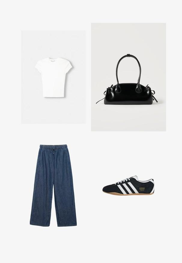T-shirt blanc à manches courtes en coton doux, avec un col rond et une coupe ajustée. Pas de motifs ni d'ornements visibles.; Pantalon en denim bleu à jambes larges avec taille élastique et cordon de serrage, doté de poches latérales et d'une coupe ample.; Sneakers en suede noir avec trois bandes blanches, logo doré et semelle en caoutchouc marron. Présente un design à lacets à profil bas.; Petit sac à main noir brillant avec deux longues anses et des détails à cordon sur les côtés sur un fond clair uni.