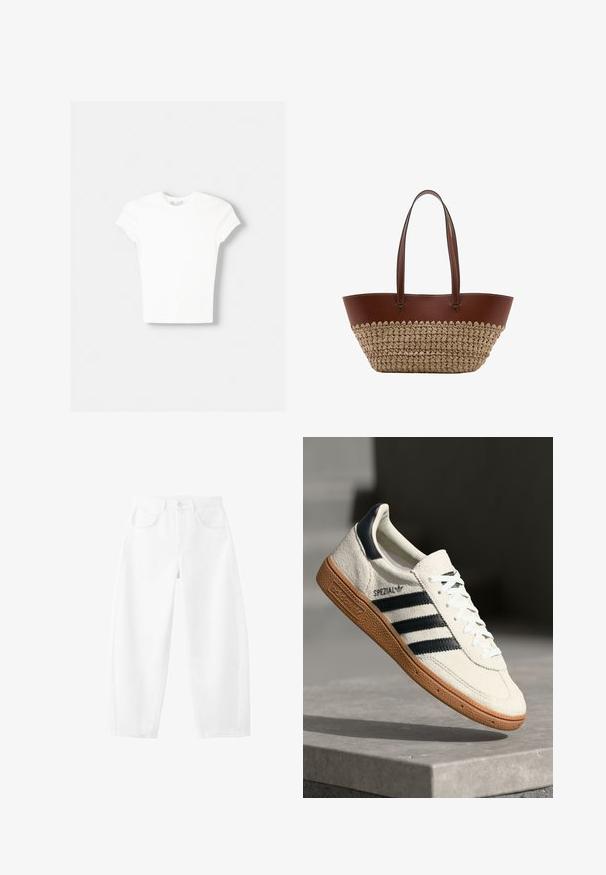 T-shirt blanc à manches courtes en coton doux, avec un col rond et une coupe ajustée. Pas de motifs ni d'ornements visibles.; Jean blanc taille haute, coupe droite, avec poches avant, passants pour ceinture, fermeture par bouton et détails de coutures visibles.; Baskets en daim blanc avec des bandes navy, semelle en caoutchouc gomme, tige texturée, bout rond et lacets ; arbore un logo sur le côté et sur la languette.; Sac cabas en cuir marron et paille tissée avec deux longues poignées et surpiqûres blanches sur la bordure en cuir.