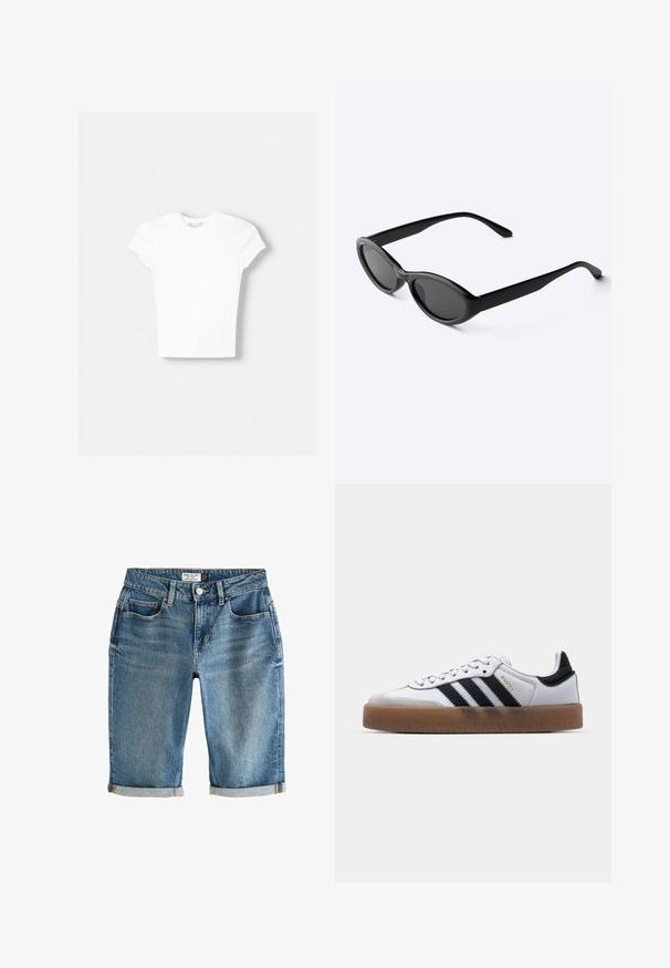 Witte t-shirt met korte mouwen van zachte katoen, met een ronde halslijn en een getailleerde vorm. Geen zichtbare patronen of versieringen.; Blauwe denim knielange shorts met een omgeslagen zoom, vijf zakken en een metalen knoopsluiting. Stof heeft een licht vervaagde uitstraling.; Witte leren sneakers met zwarte strepen, gumrubberen buitenzool, ronde neus, vetersluiting en een zachte grijze suède neuskap.; Strakke zwarte ovale zonnebril met donkere glazen en rechte pootjes, rustend op een wit oppervlak.