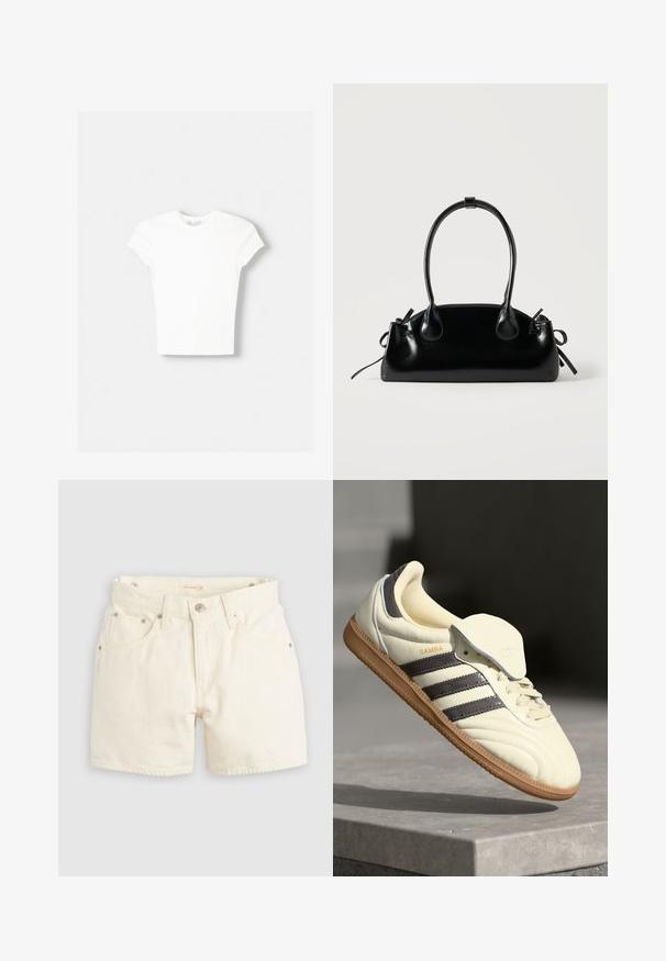 T-shirt blanc à manches courtes en coton doux, avec un col rond et une coupe ajustée. Pas de motifs ni d'ornements visibles.; Shorts en denim blanc avec taille haute, quatre poches et accessoires en métal. Le tissu présente une texture lisse avec des coutures visibles.; Baskets en cuir crème avec trois bandes sombres, une semelle extérieure en gomme marron et un bout arrondi. Présentent une languette pliable étiquetée "SAMBA."; Petit sac à main noir brillant avec deux longues anses et des détails à cordon sur les côtés sur un fond clair uni.