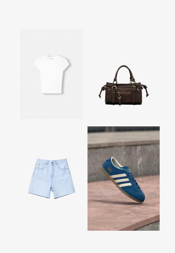 Hvid kortærmet t-shirt lavet af blød bomuld, med rund halsudskæring og en tætsiddende form. Ingen synlige mønstre eller udsmykninger.; Lys blå denimshorts med høj talje, flad front, fem lommer og rå kant. Stoffet er let slidte med subtle falmede detaljer.; Blå ruskindsneaker med cremefarvede striber og snørebånd, sål af gummiridse, tekstureret overflade, rundet tå og mærkning på siden.; Mørkebrun læderhåndtaske med dobbelte håndtag, forreste lynlåslomme, dekorative spænder og sideknuder på hvid baggrund.