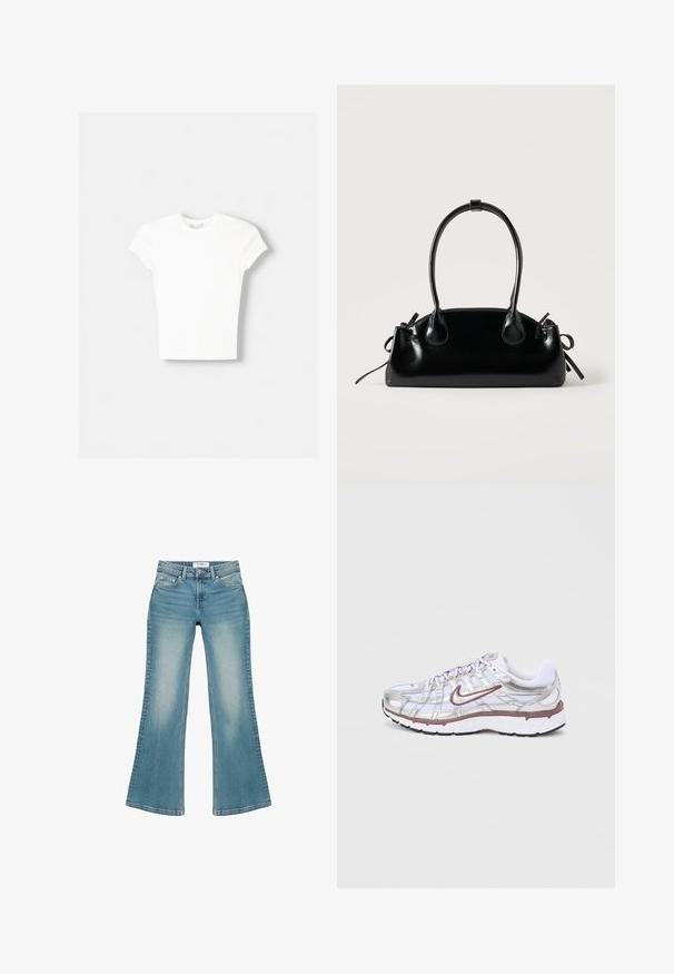 T-shirt blanc à manches courtes en coton doux, avec un col rond et une coupe ajustée. Pas de motifs ni d'ornements visibles.; Jean en denim bleu avec taille haute, poches avant, passants de ceinture et jambes évasées, posé à plat sur un fond blanc.; Chaussures de course Nike avec une tige en mesh blanc, des superpositions argentées et des accents mauves. Dotées d'une semelle amortie et d'un design à lacets sur le devant.; Petit sac à main noir brillant avec deux longues anses et des détails à cordon sur les côtés sur un fond clair uni.